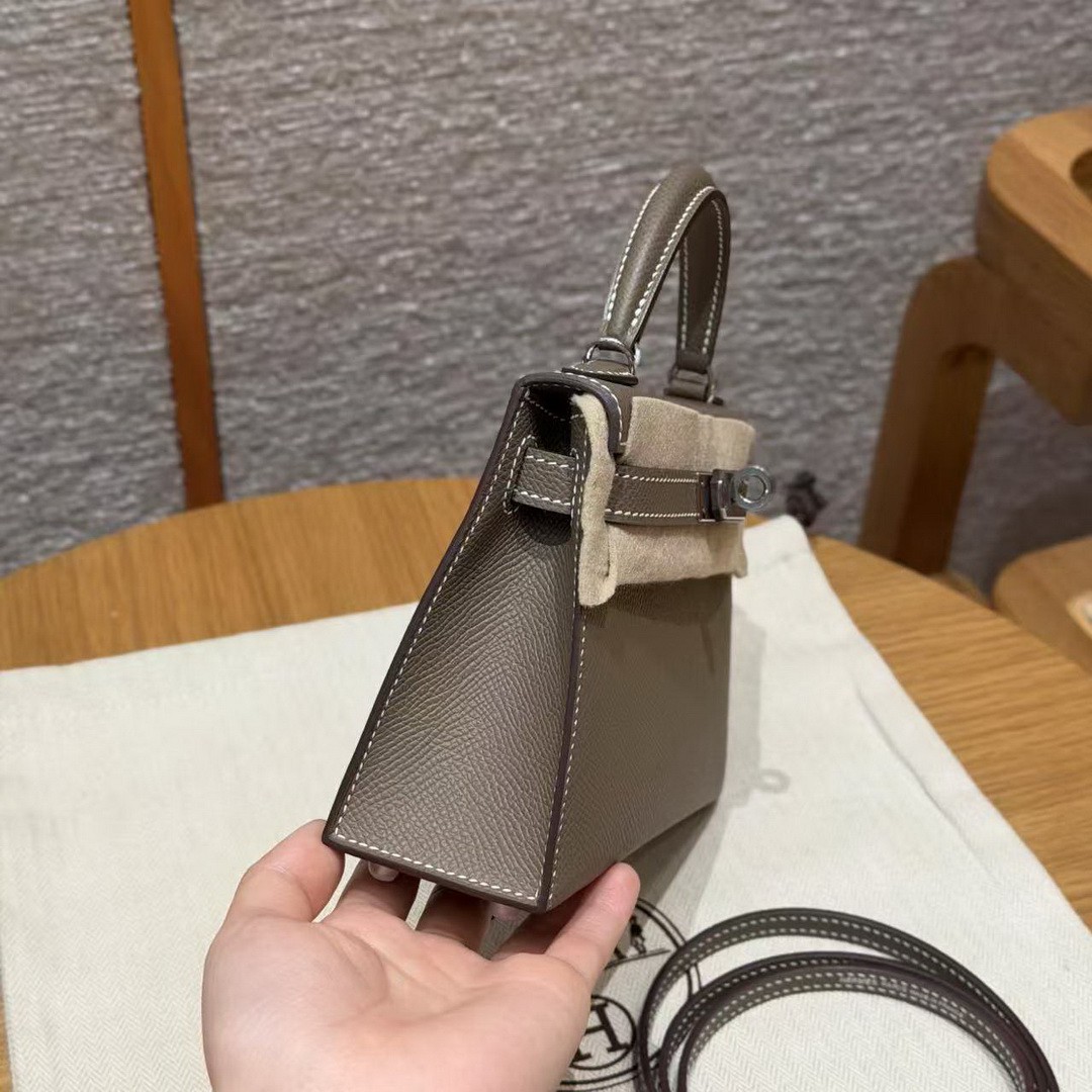 Hermes Kelly Mini 2 19CM Bag Handmade In Epsom Calfskin Leather Silver Hardware 18 Etoupe - Image 24