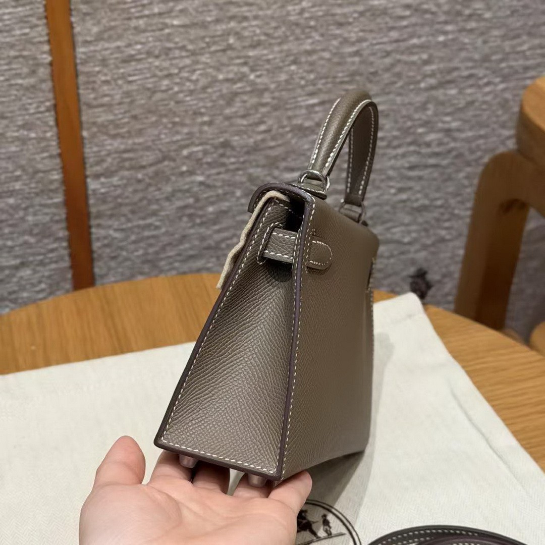 Hermes Kelly Mini 2 19CM Bag Handmade In Epsom Calfskin Leather Silver Hardware 18 Etoupe - Image 23