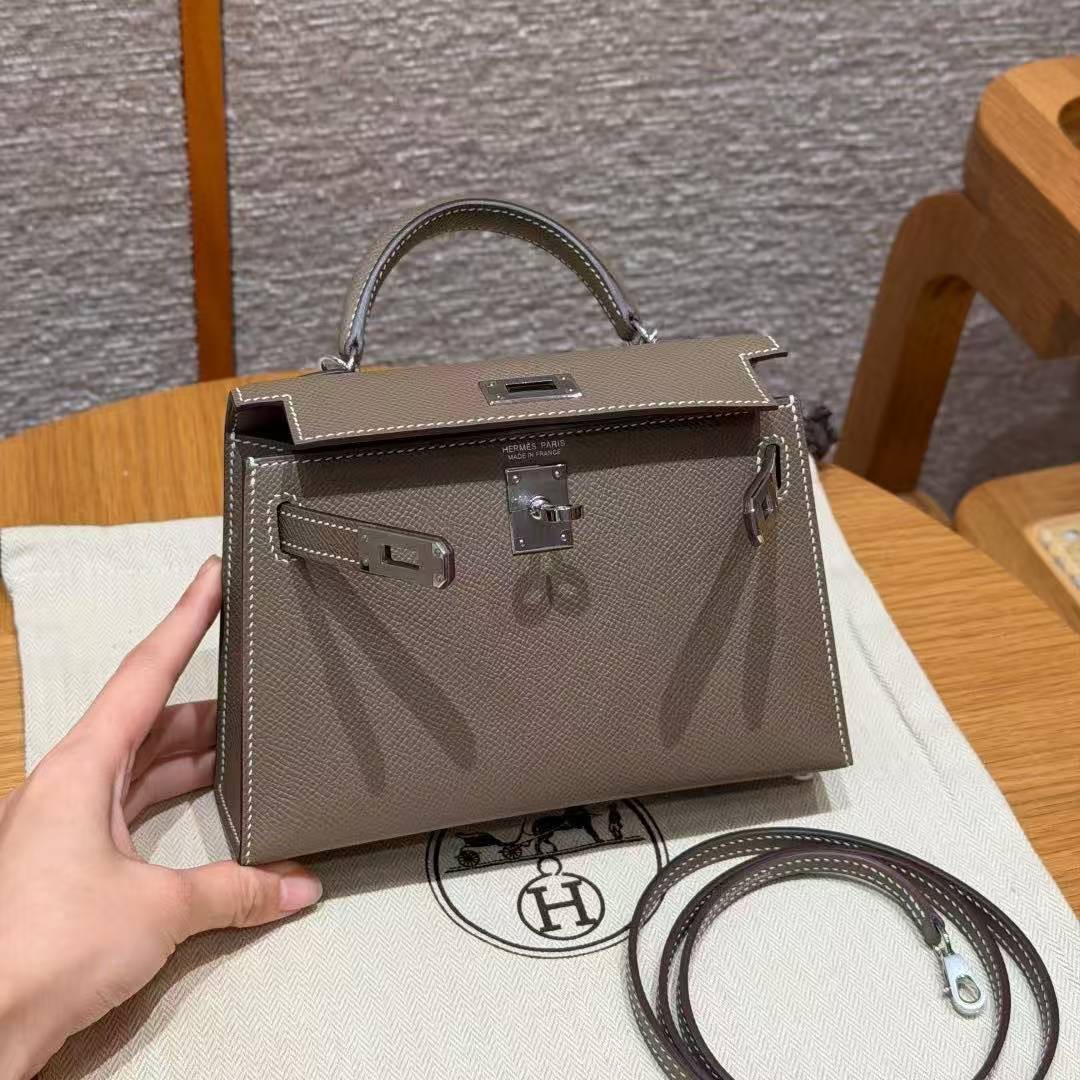 Hermes Kelly Mini 2 19CM Bag Handmade In Epsom Calfskin Leather Silver Hardware 18 Etoupe - Image 17