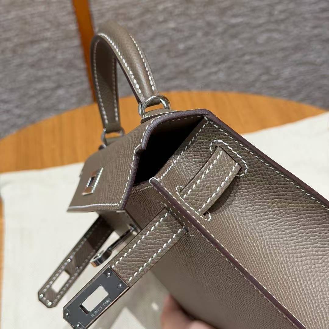 Hermes Kelly Mini 2 19CM Bag Handmade In Epsom Calfskin Leather Silver Hardware 18 Etoupe - Image 15