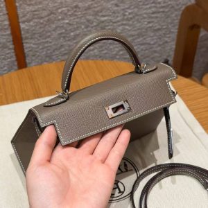 Hermes Kelly Mini 2 19CM Bag Handmade In Epsom Calfskin Leather Silver Hardware 18 Etoupe - Image 14