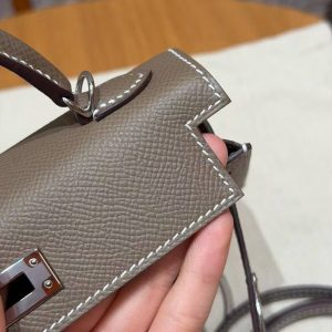 Hermes Kelly Mini 2 19CM Bag Handmade In Epsom Calfskin Leather Silver Hardware 18 Etoupe - Image 13