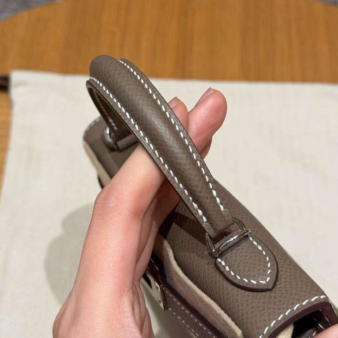 Hermes Kelly Mini 2 19CM Bag Handmade In Epsom Calfskin Leather Silver Hardware 18 Etoupe - Image 11