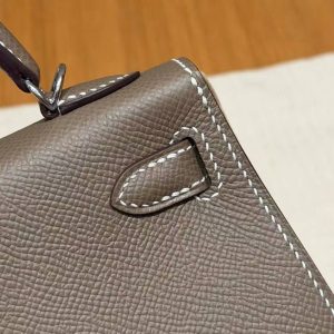 Hermes Kelly Mini 2 19CM Bag Handmade In Epsom Calfskin Leather Silver Hardware 18 Etoupe - Image 10