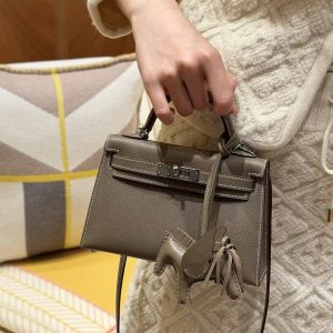 Hermes Kelly Mini 2 19CM Bag Handmade In Epsom Calfskin Leather Silver Hardware 18 Etoupe - Image 6