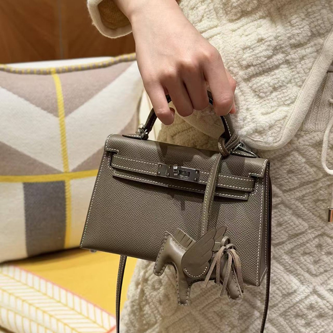 Hermes Kelly Mini 2 19CM Bag Handmade In Epsom Calfskin Leather Silver Hardware 18 Etoupe - Image 6