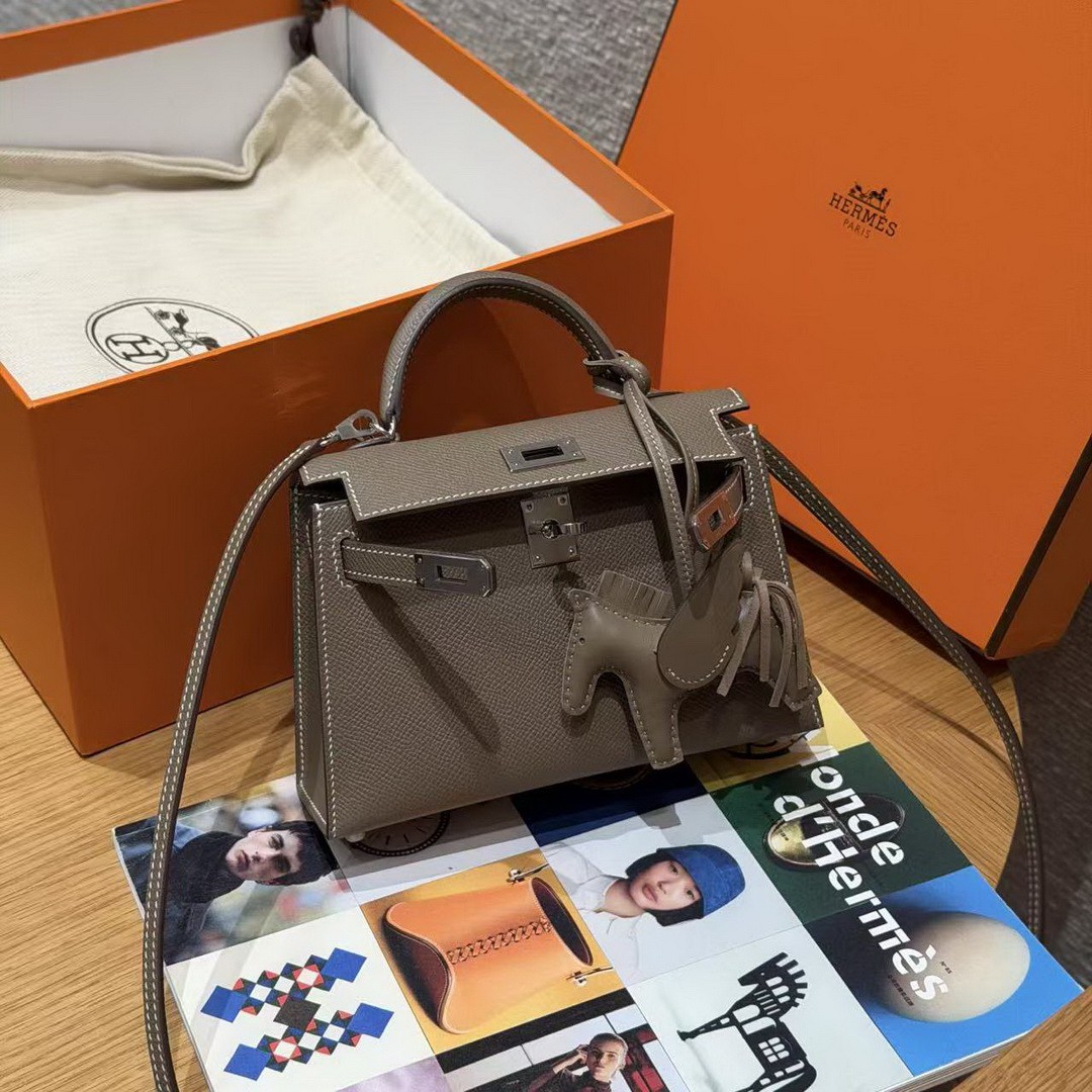 Hermes Kelly Mini 2 19CM Bag Handmade In Epsom Calfskin Leather Silver Hardware 18 Etoupe - Image 3