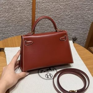 Hermes Kelly Mini 2 19CM Bag Handmade In Box Calfskin Leather Gold Hardware 36 Brique - Image 2