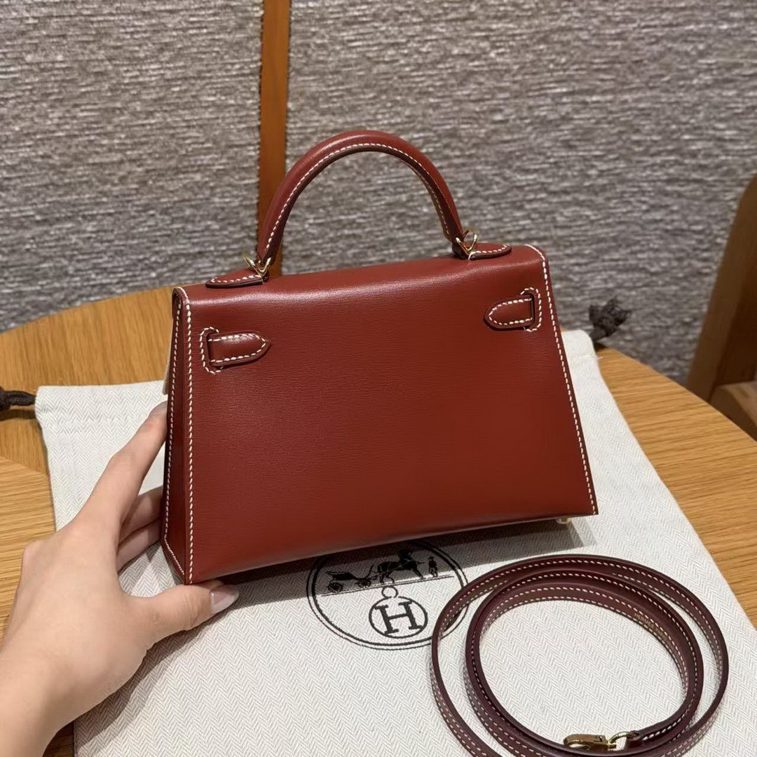 Hermes Kelly Mini 2 19CM Bag Handmade In Box Calfskin Leather Gold Hardware 36 Brique - Image 2