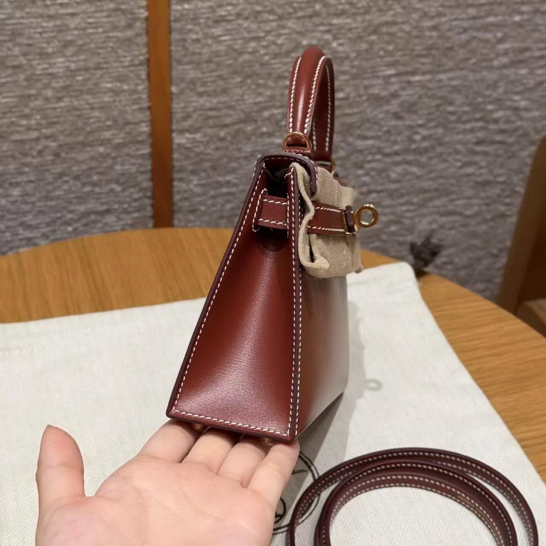 Hermes Kelly Mini 2 19CM Bag Handmade In Box Calfskin Leather Gold Hardware 36 Brique - Image 20