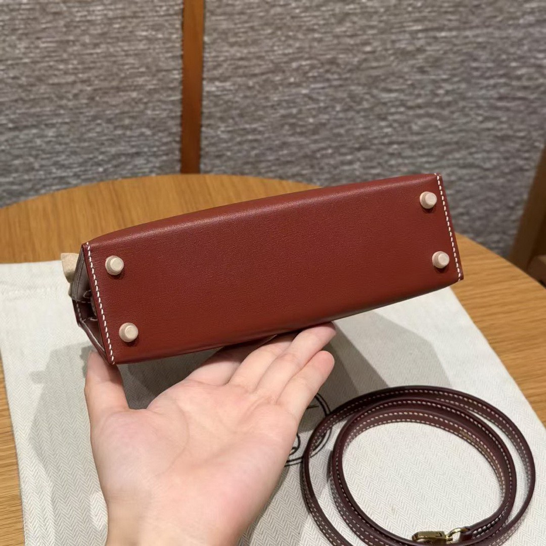 Hermes Kelly Mini 2 19CM Bag Handmade In Box Calfskin Leather Gold Hardware 36 Brique - Image 19