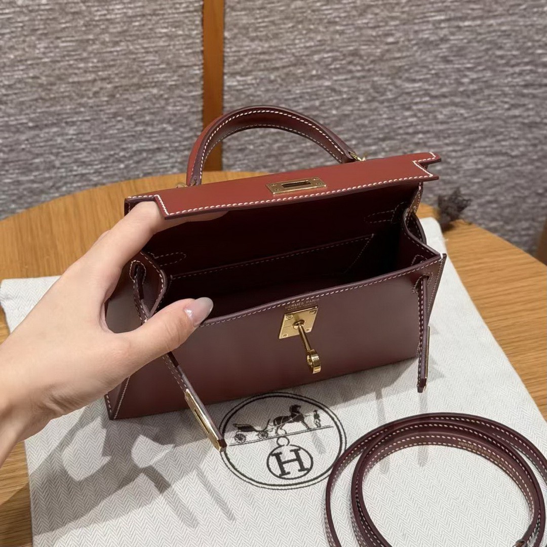 Hermes Kelly Mini 2 19CM Bag Handmade In Box Calfskin Leather Gold Hardware 36 Brique - Image 18