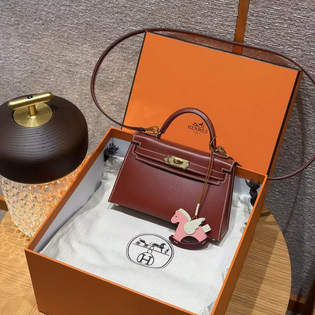 Hermes Kelly Mini 2 19CM Bag Handmade In Box Calfskin Leather Gold Hardware 36 Brique - Image 14
