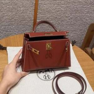Hermes Kelly Mini 2 19CM Bag Handmade In Box Calfskin Leather Gold Hardware 36 Brique - Image 13