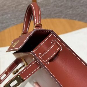 Hermes Kelly Mini 2 19CM Bag Handmade In Box Calfskin Leather Gold Hardware 36 Brique - Image 11