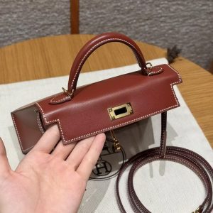 Hermes Kelly Mini 2 19CM Bag Handmade In Box Calfskin Leather Gold Hardware 36 Brique - Image 10