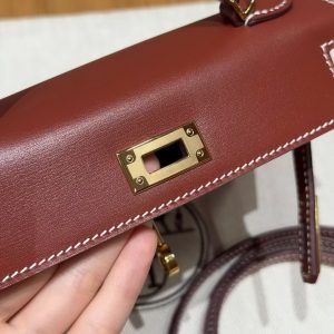 Hermes Kelly Mini 2 19CM Bag Handmade In Box Calfskin Leather Gold Hardware 36 Brique - Image 9