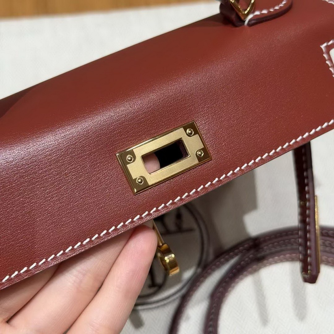 Hermes Kelly Mini 2 19CM Bag Handmade In Box Calfskin Leather Gold Hardware 36 Brique - Image 9