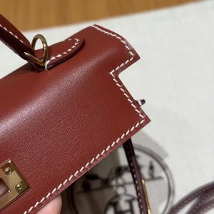 Hermes Kelly Mini 2 19CM Bag Handmade In Box Calfskin Leather Gold Hardware 36 Brique - Image 8