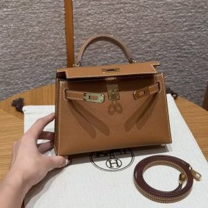 Hermes Kelly Mini 2 19CM Bag Handmade In Epsom Calfskin Leather Gold Hardware 37 Gold - Image 12