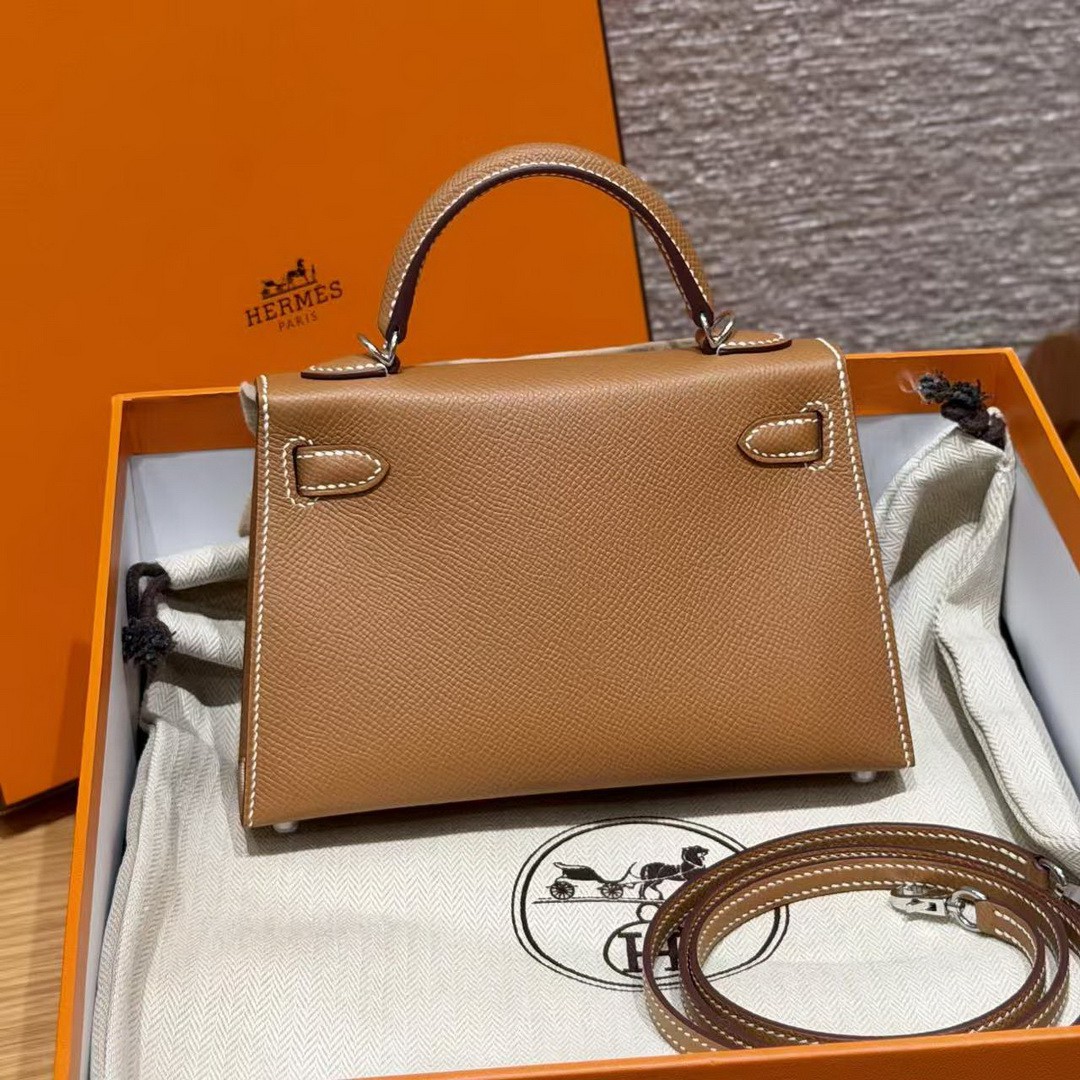 Hermes Kelly Mini 2 19CM Bag Handmade In Epsom Calfskin Leather Silver Hardware 37 Gold - Image 2