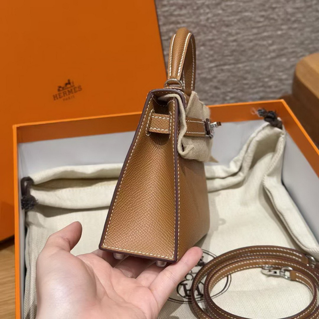 Hermes Kelly Mini 2 19CM Bag Handmade In Epsom Calfskin Leather Silver Hardware 37 Gold - Image 20