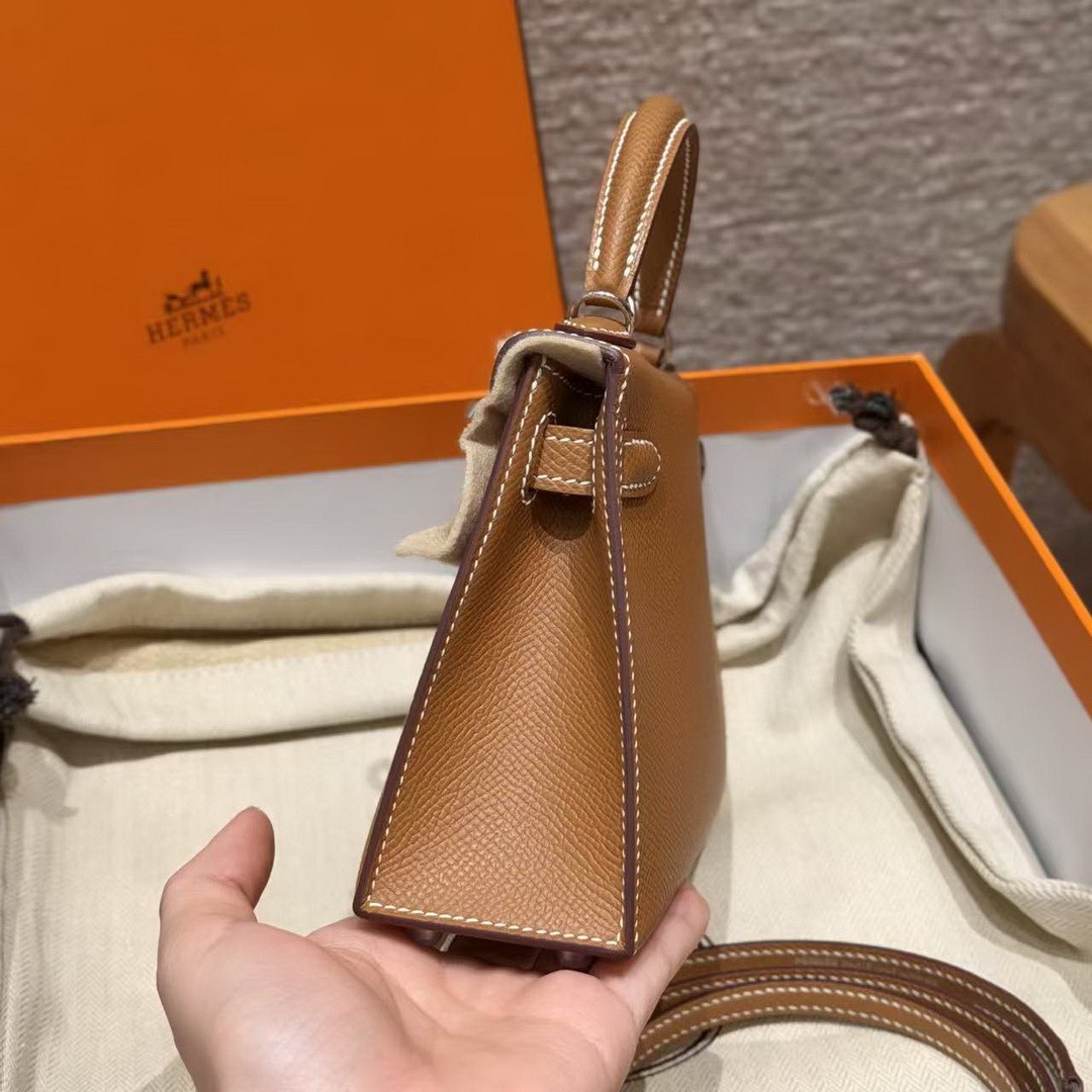 Hermes Kelly Mini 2 19CM Bag Handmade In Epsom Calfskin Leather Silver Hardware 37 Gold - Image 19