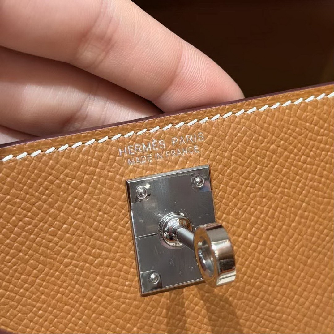 Hermes Kelly Mini 2 19CM Bag Handmade In Epsom Calfskin Leather Silver Hardware 37 Gold - Image 16
