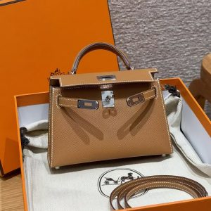 Hermes Kelly Mini 2 19CM Bag Handmade In Epsom Calfskin Leather Silver Hardware 37 Gold - Image 12