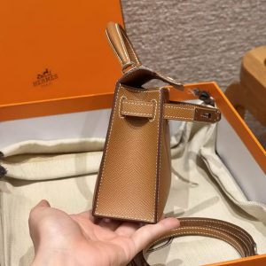 Hermes Kelly Mini 2 19CM Bag Handmade In Epsom Calfskin Leather Silver Hardware 37 Gold - Image 11