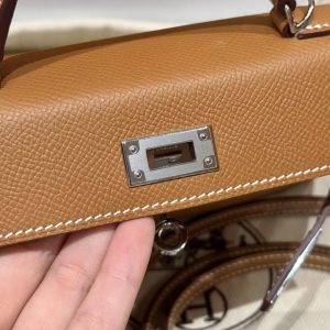 Hermes Kelly Mini 2 19CM Bag Handmade In Epsom Calfskin Leather Silver Hardware 37 Gold - Image 10