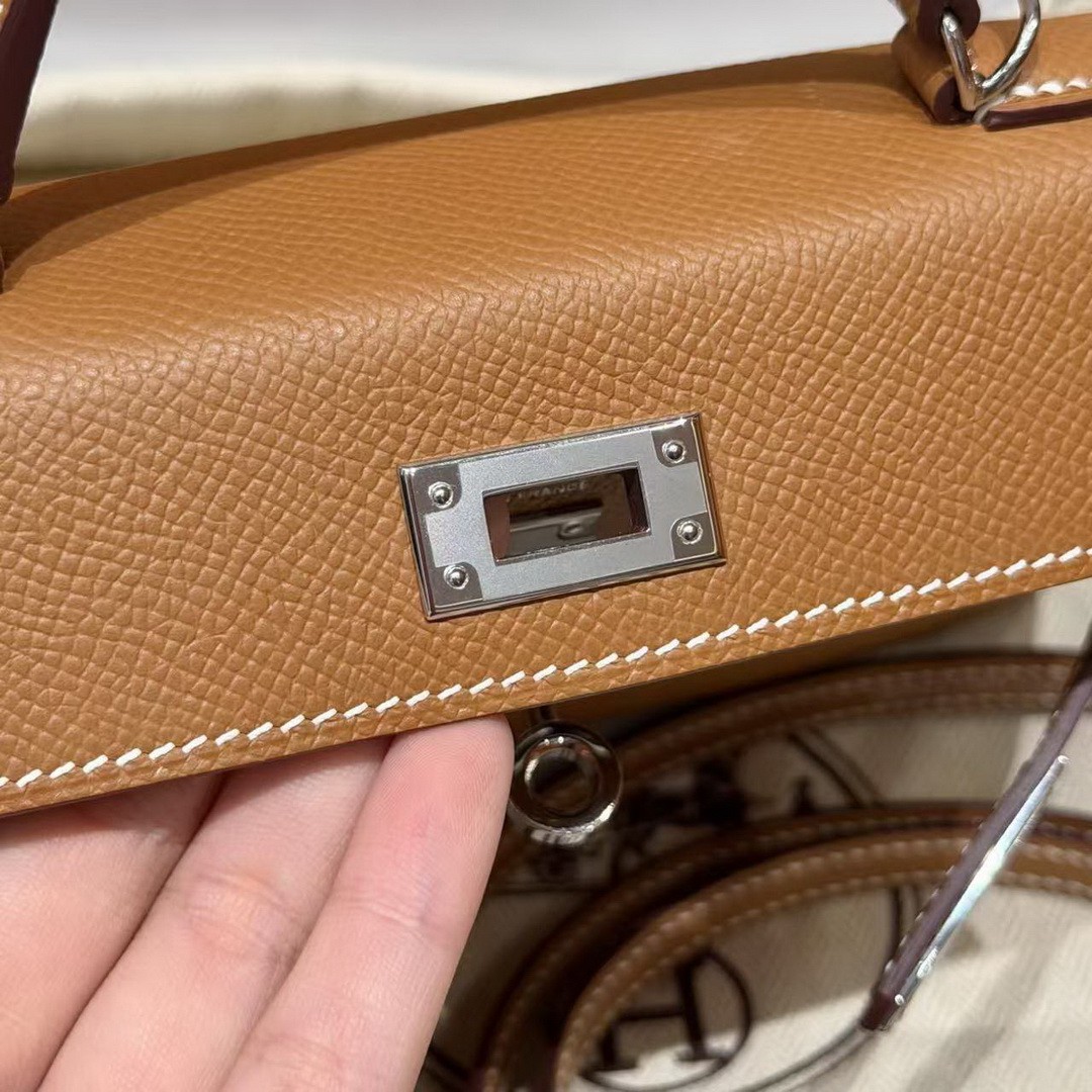 Hermes Kelly Mini 2 19CM Bag Handmade In Epsom Calfskin Leather Silver Hardware 37 Gold - Image 10