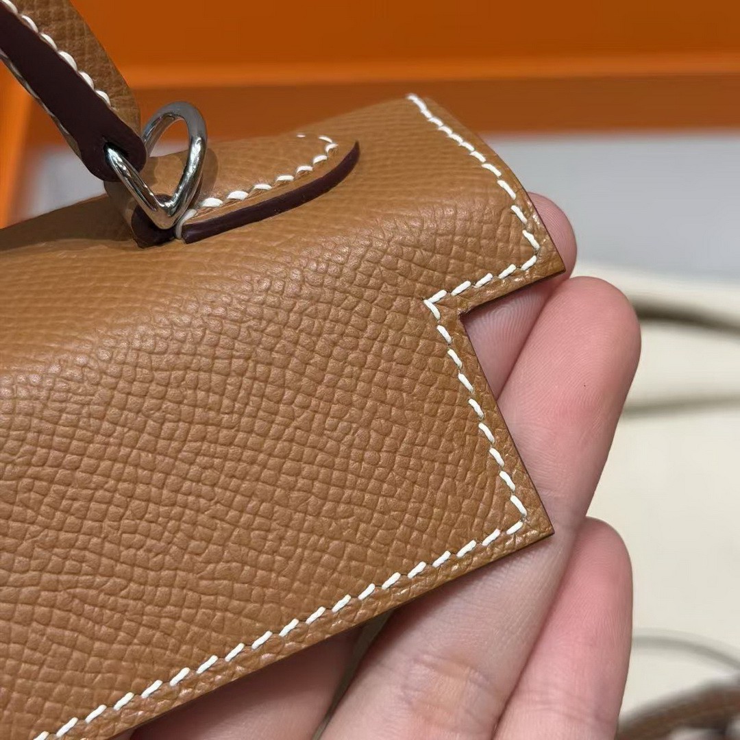 Hermes Kelly Mini 2 19CM Bag Handmade In Epsom Calfskin Leather Silver Hardware 37 Gold - Image 9