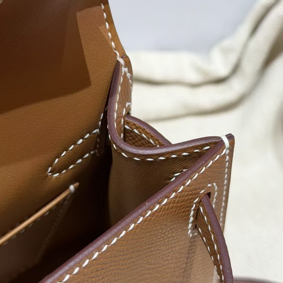 Hermes Kelly Mini 2 19CM Bag Handmade In Epsom Calfskin Leather Silver Hardware 37 Gold - Image 8