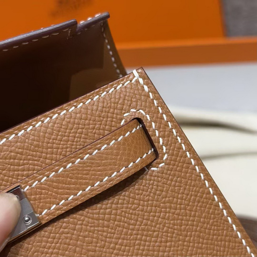 Hermes Kelly Mini 2 19CM Bag Handmade In Epsom Calfskin Leather Silver Hardware 37 Gold - Image 7