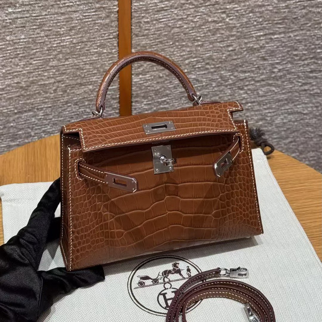 Hermes Kelly Mini 2 19CM Bag Handmade In Matte Alligator Leather from Mississippi Silver Hardware 37 Gold - Image 19