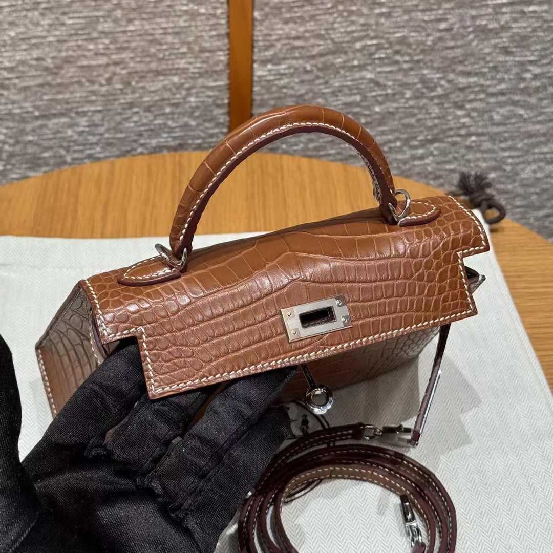 Hermes Kelly Mini 2 19CM Bag Handmade In Matte Alligator Leather from Mississippi Silver Hardware 37 Gold - Image 16