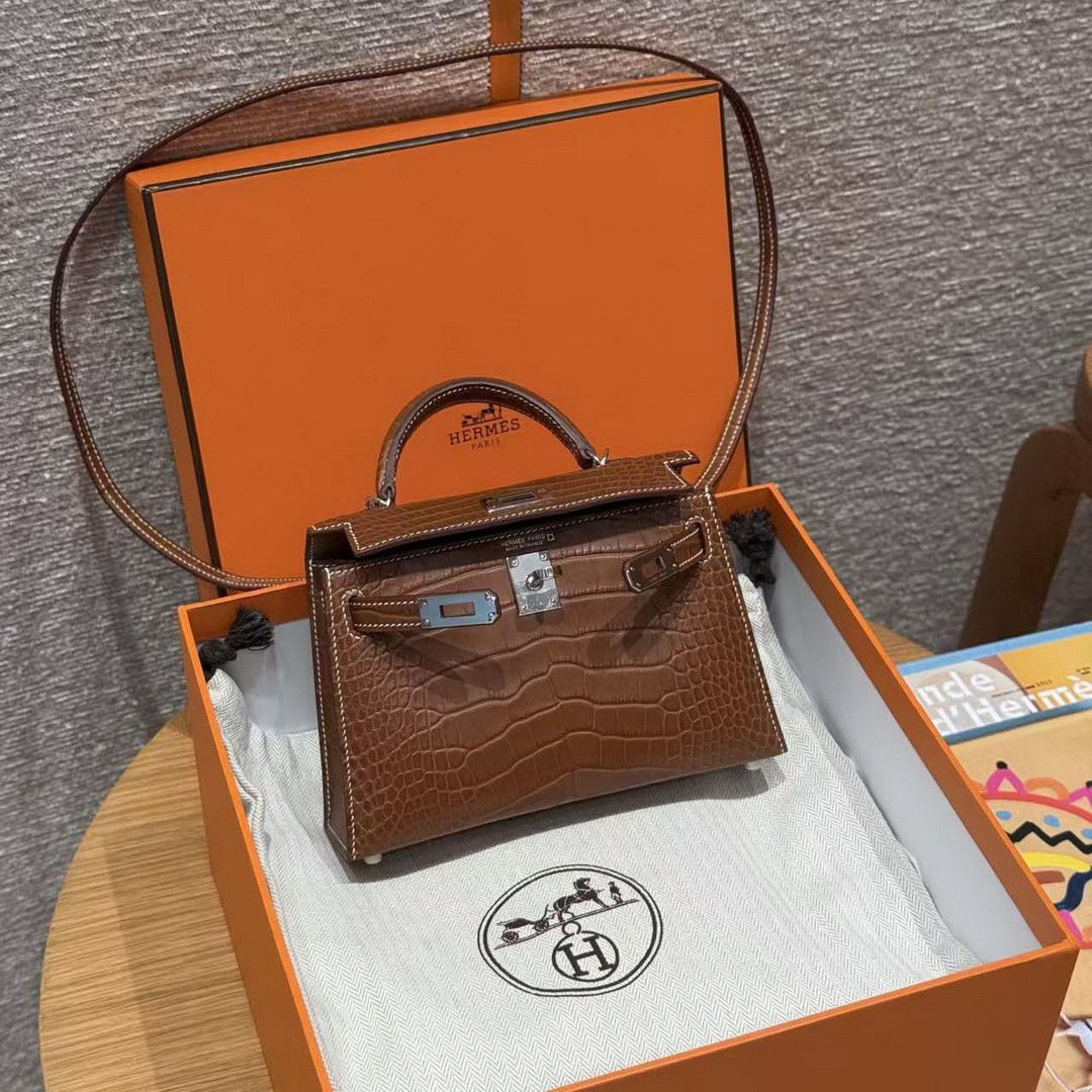 Hermes Kelly Mini 2 19CM Bag Handmade In Matte Alligator Leather from Mississippi Silver Hardware 37 Gold - Image 11