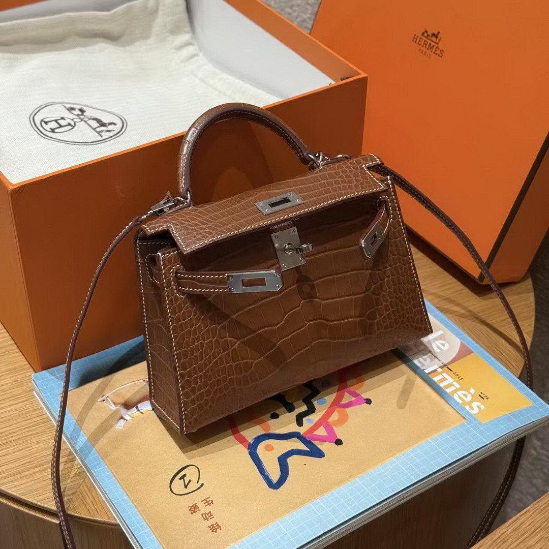Hermes Kelly Mini 2 19CM Bag Handmade In Matte Alligator Leather from Mississippi Silver Hardware 37 Gold - Image 10