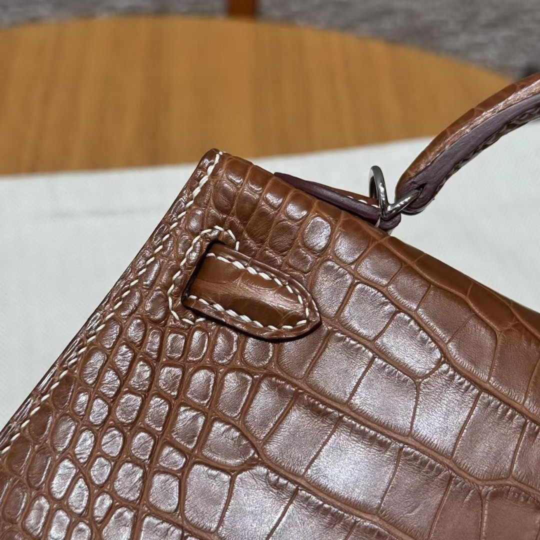Hermes Kelly Mini 2 19CM Bag Handmade In Matte Alligator Leather from Mississippi Silver Hardware 37 Gold - Image 8
