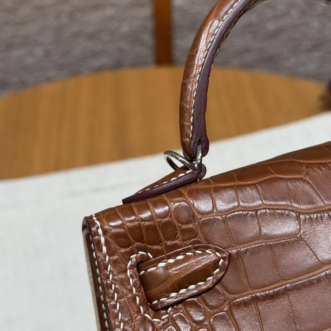 Hermes Kelly Mini 2 19CM Bag Handmade In Matte Alligator Leather from Mississippi Silver Hardware 37 Gold - Image 7