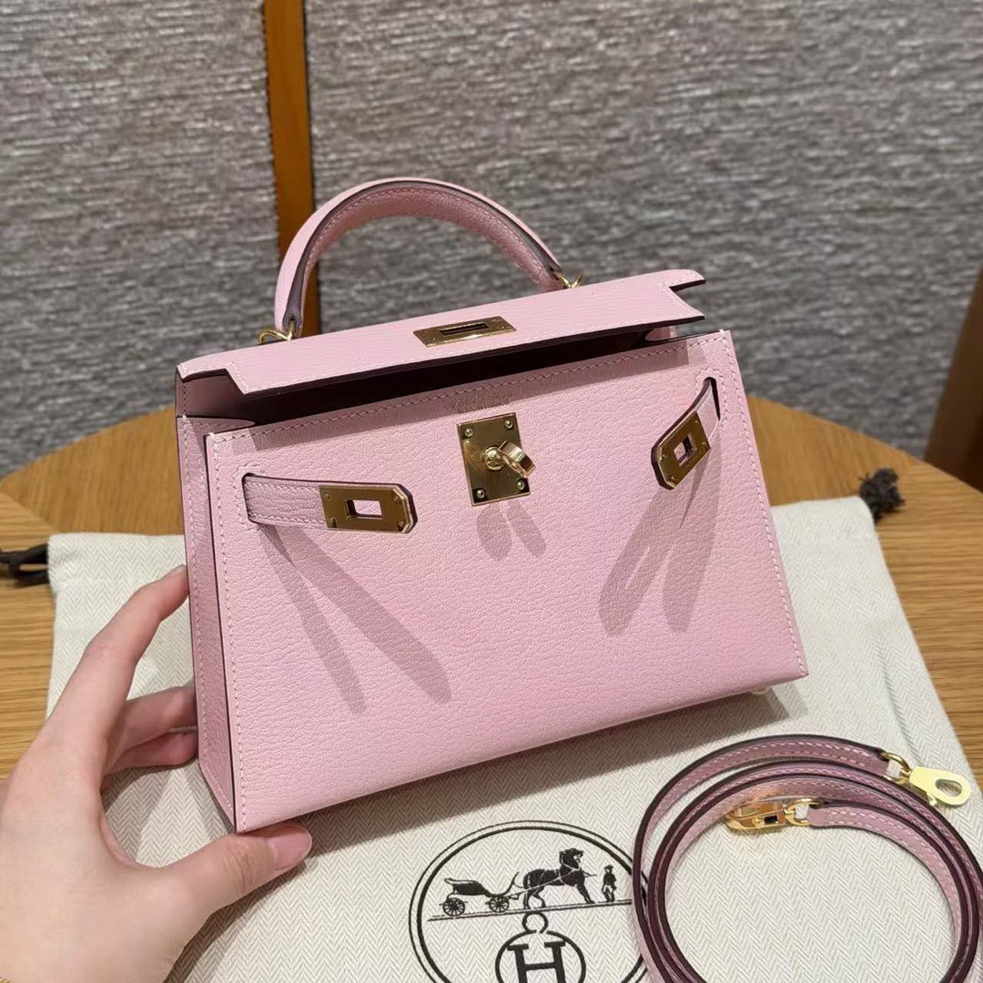 Hermes Kelly Mini 2 19CM Bag Handmade In Chèvre Calfskin Leather Gold Hardware 3Q Rose Sakura - Image 19