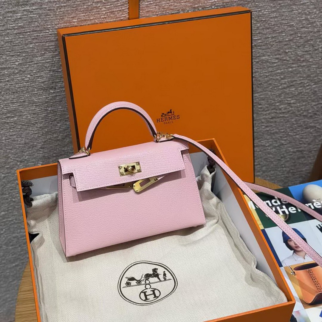 Hermes Kelly Mini 2 19CM Bag Handmade In Chèvre Calfskin Leather Gold Hardware 3Q Rose Sakura - Image 11