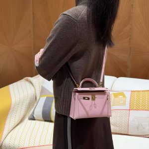 Hermes Kelly Mini 2 19CM Bag Handmade In Chèvre Calfskin Leather Gold Hardware 3Q Rose Sakura - Image 4