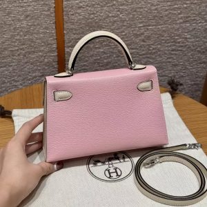Hermes Kelly Mini 2 19CM Bag Handmade In Chèvre Calfskin Leather Silver Hardware 3Q Rose Sakura I2 Nata - Image 2