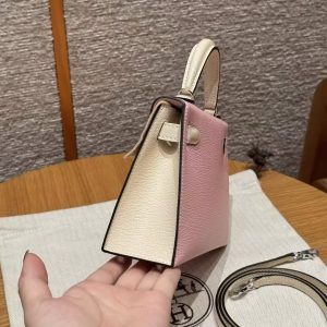 Hermes Kelly Mini 2 19CM Bag Handmade In Chèvre Calfskin Leather Silver Hardware 3Q Rose Sakura I2 Nata - Image 21