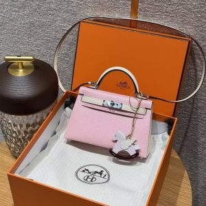 Hermes Kelly Mini 2 19CM Bag Handmade In Chèvre Calfskin Leather Silver Hardware 3Q Rose Sakura I2 Nata - Image 14