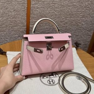 Hermes Kelly Mini 2 19CM Bag Handmade In Chèvre Calfskin Leather Silver Hardware 3Q Rose Sakura I2 Nata - Image 13