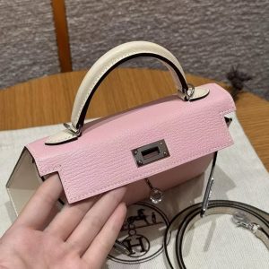 Hermes Kelly Mini 2 19CM Bag Handmade In Chèvre Calfskin Leather Silver Hardware 3Q Rose Sakura I2 Nata - Image 10