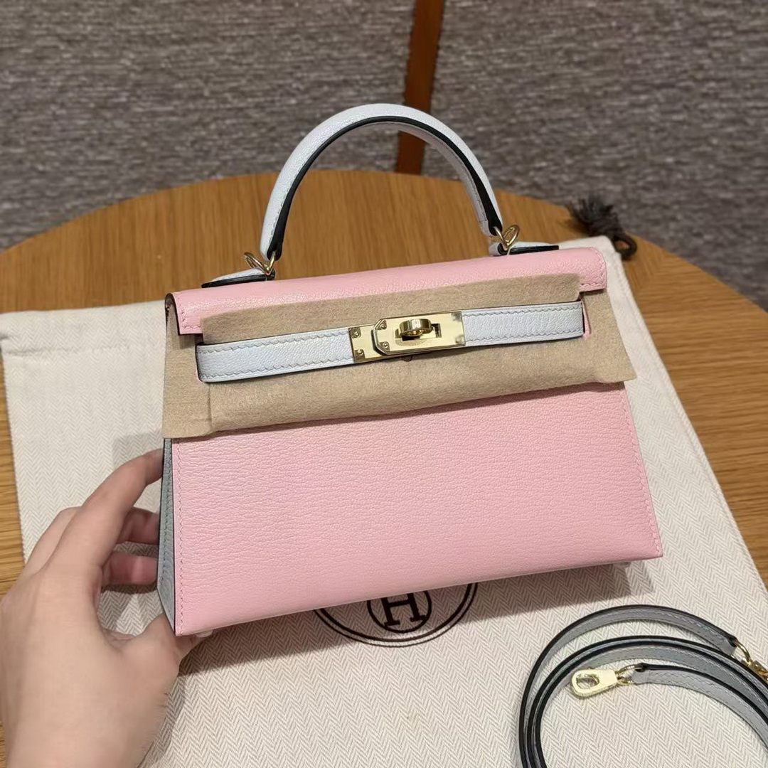 Hermes Kelly Mini 2 19CM Bag Handmade In Chèvre Calfskin Leather Gold Hardware 3Q Rose Sakura T0 Blue Brume
